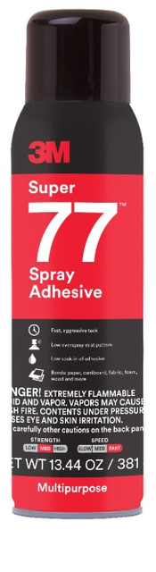 3M Super 77 Multipurpose Spray Adhesive, Clear, 16 fl oz Can (Net Wt 13.44 oz), 1/Case, Sample, NOT FOR SALE IN CA AND OTHER STATES