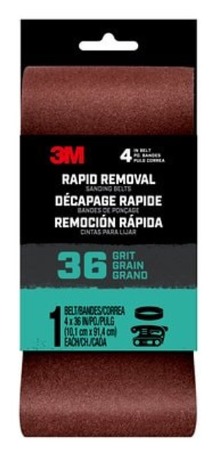 3M Rapid Removal 4x36 Power Sanding Belt, 36 grit, Belt4x3636, 1 pk, 10/case