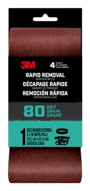 3M Rapid Removal 4x36 Power Sanding Belt, 80 grit, Belt4x3680, 1 pk, 10/case