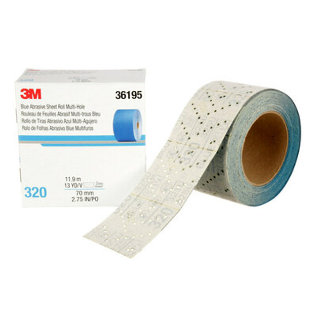 3M Hookit Blue Abrasive Sheet Roll, 36195, 320 grade, Multi-hole