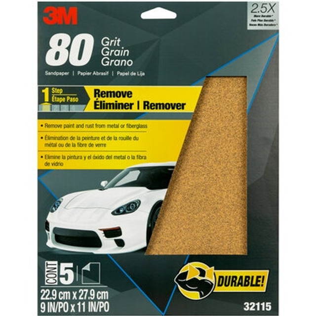 3M Sandpaper 32115, 9 in x 11 in, 80 Grit, 5/Pack , 20 Pack/Case