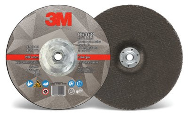 3M Cut & Grind Wheel, 06468, Quick Change, Type 27, 9 inx 1/8 in x 5/8"-11, 10 per inner, 20/case