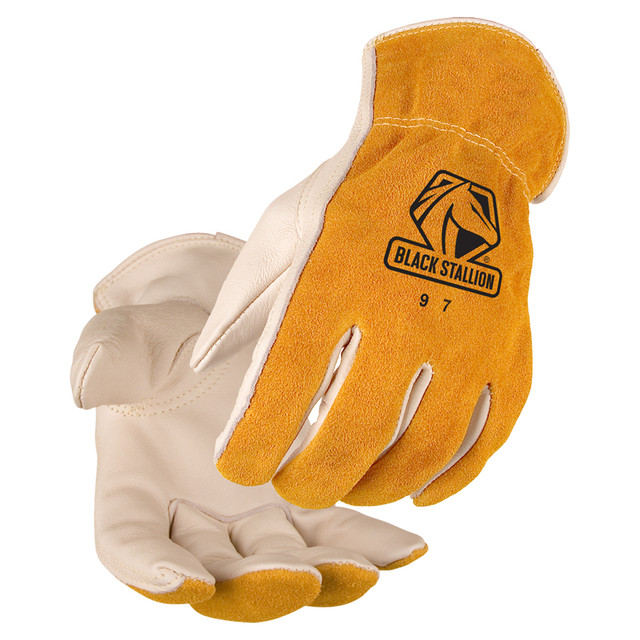 Black Stallion GRAIN/SPLIT COWHIDE - ELASTIC WRIST DRIVER'S STYLE GLOVES Medium | White/Tan