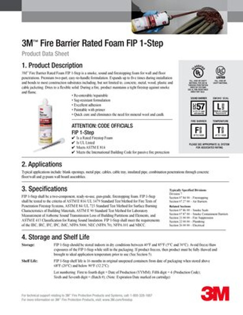 3M Fire Barrier Rated Foam FIP 1-Step Technical Data Sheet