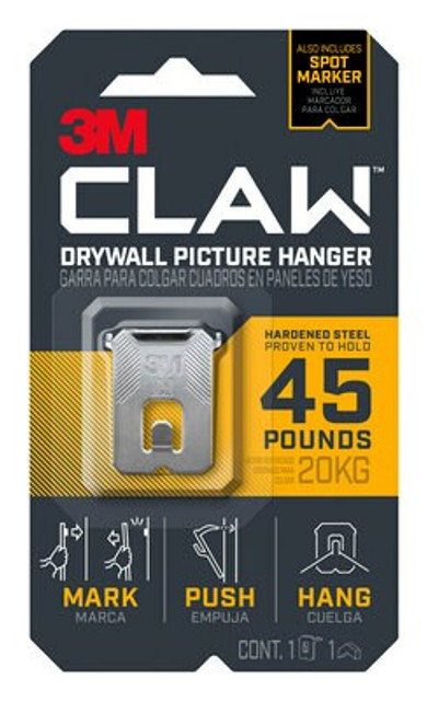 3M CLAW Drywall Picture Hanger 45 lb with Temporary Spot Marker 3PH45M-1ES, 1 hanger, 1 marker