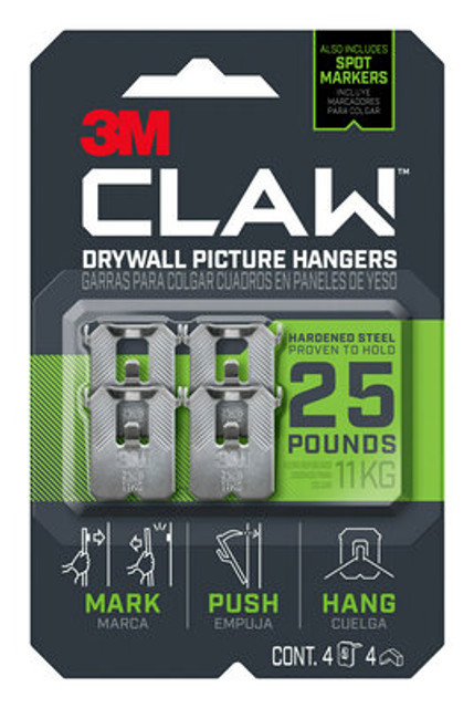 3M CLAW Drywall Picture Hanger 25 lb with Temporary Spot Marker 3PH25M-4ES, 4 hangers, 4 markers