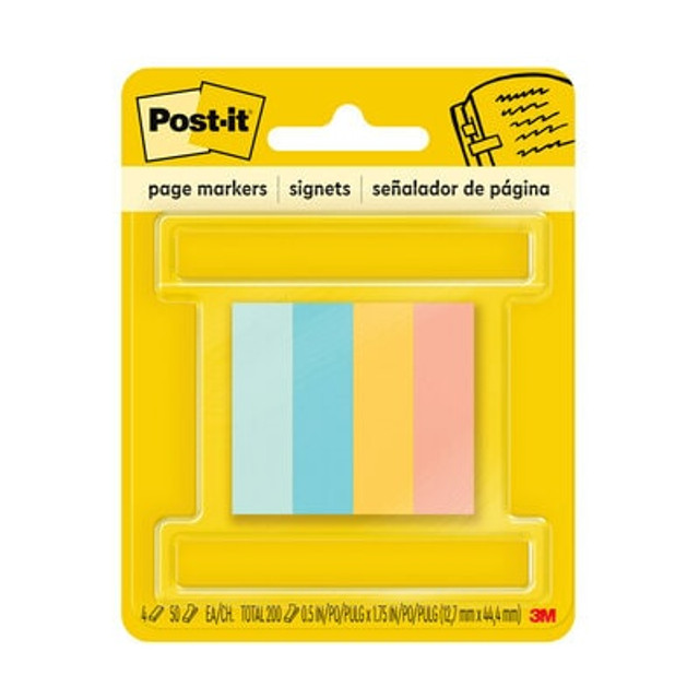 Post-it® Page Markers, Assorted Colors, 1/2 in. x 2 in., 50 Sheets/Pad, 4 Pads/Pack