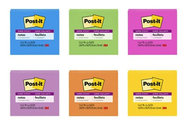 Post-it® Super Sticky Notes, 654-SSPK, 3 in x 3 in (76 mm x 76 mm), Assorted Colors