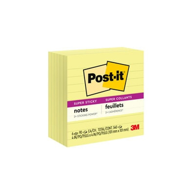Post-it® Super Sticky Notes 675-6SSCY 4 in x 4 in, Canary Yellow 6 pk 90 sh/pd Lined