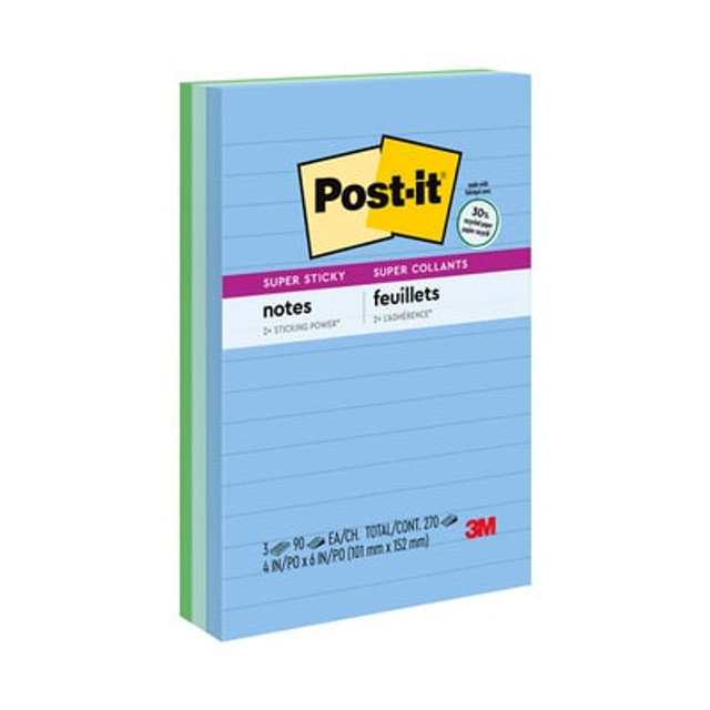 Post-it® Super Sticky Notes, Oasis, 4in x 6in, Lined