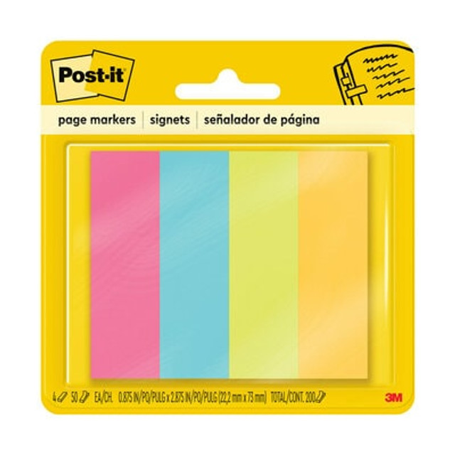 Post-it® Page Markers, Assorted Colors, 1 in. x 3 in., 50 Sheets/Pad, 4 Pads/Pack