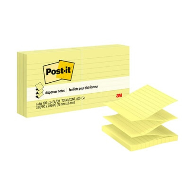 Post-it® Dispenser Pop-up Notes, 3 in x 3 in, Canary Yellow, Lined, 6 Pads/Pack