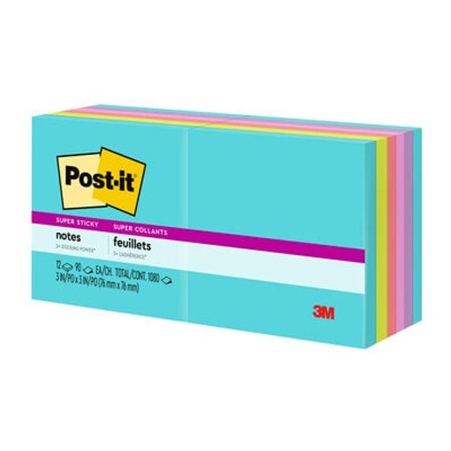 Post-it® Super Sticky Notes, 3 in. x 3 in., Supernova Neons, 12 Pads/Pack, 90 Sheets/Pad