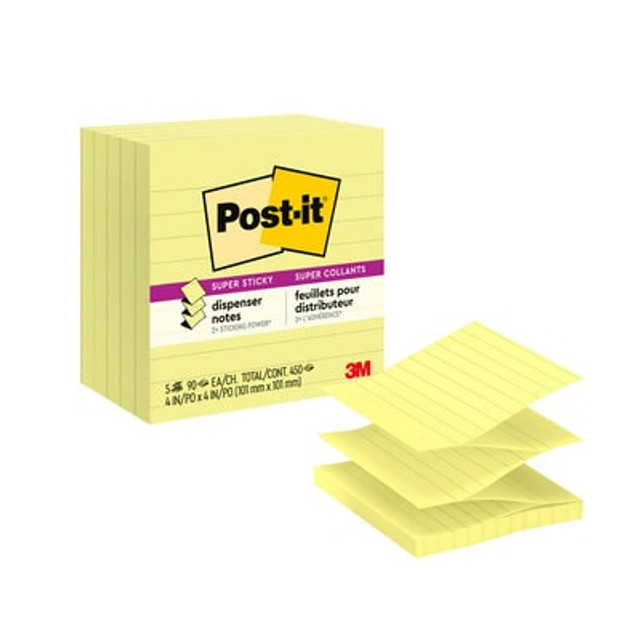 Post-it® Super Sticky Dispenser Pop-up Notes, 4 in x 4 in Canary Yellow, Lined, 5 Pads/Pack.