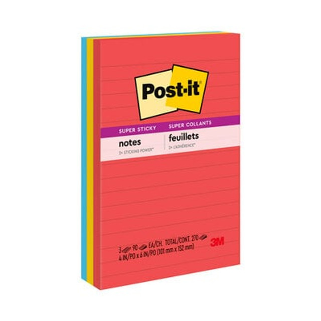 Post-it® Super Sticky Notes, Playful Primaries, 4in x 6in, Lined