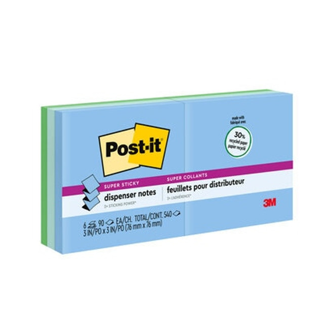 Post-it Super Sticky Pop-up Notes, 3 in x 3 in, 6 Pads,  Bora Bora Collection, Cool Colors