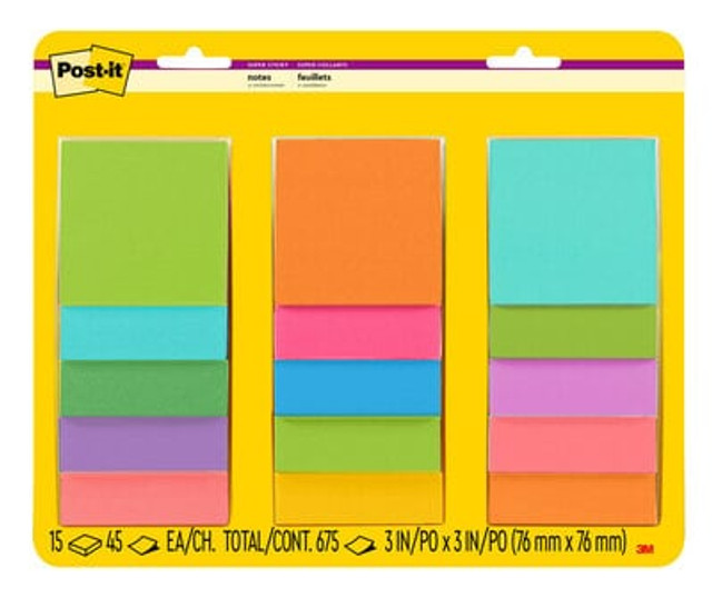Post-it® Super Sticky Notes, 3 in x 3 in, Supernova Neons and Energy Boost, 15 Pads, 45 Sheets