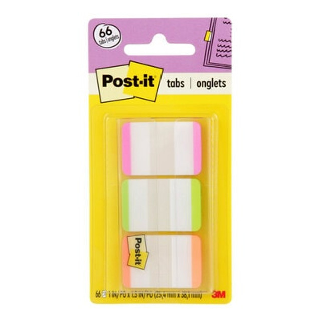 Post-it® Durable Tabs 686L-PGO, Pink, Green, Orange, 1 in x 1.5 in, 22 Tabs/Colour, 66 Tab/Pack