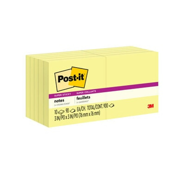 Post-it® Super Sticky Notes, 3 in. x 3 in., Canary Yellow, 10 Pads/Pack