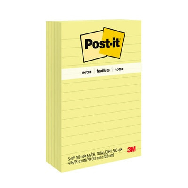 Post-it® Notes, 4 in x 6 in, Canary Yellow, Lined, 5 Pads/Pack
