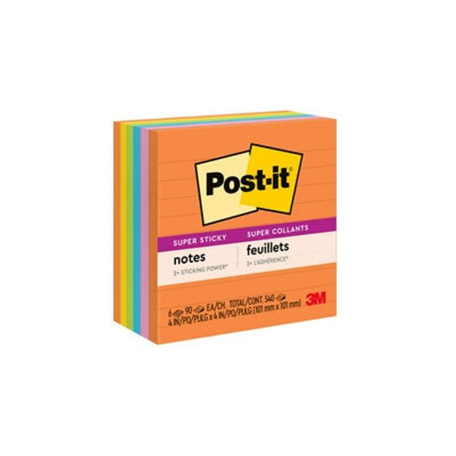 Post-it® Super Sticky Notes, 4 in. x 4 in., Energy Boost, Lined, 6 Pads/Pack, 90 Sheets/Pad