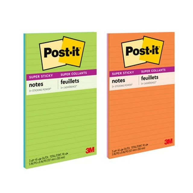 Post-it® Super Sticky Notes, 5 in x 8 in, Energy Boost, Lined, 4 Pads/Pack