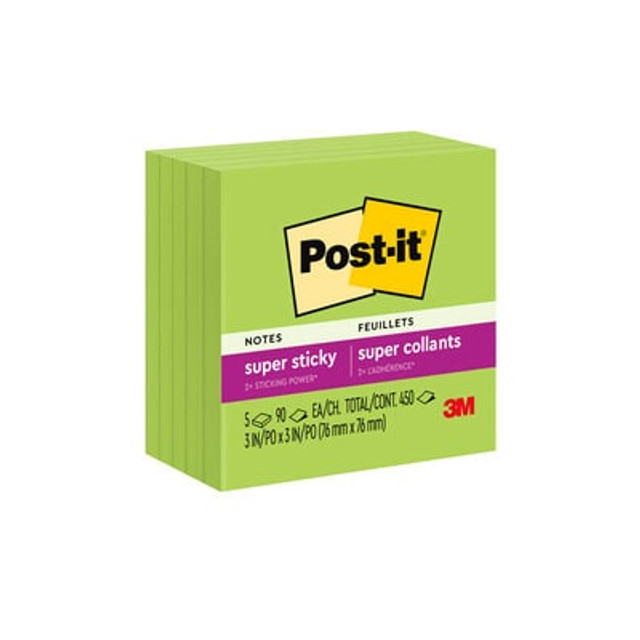 Post-it® Super Sticky Notes, 3 in x 3 in, Limeade, 5 Pads/Pack