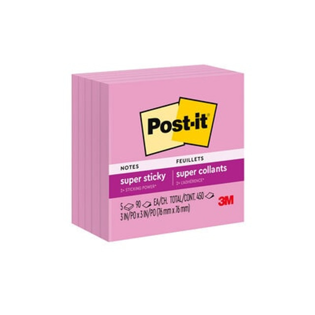 Post-it® Super Sticky Notes, 3 in x 3 in, Tropical Pink, 5 Pads/Pack, 90 Sheets/Pad