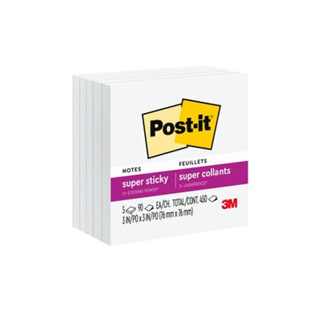 Post-it® Super Sticky Notes, 3 in x 3 in, Snow White, 5 Pads/Pack, 90 Sheets/Pad