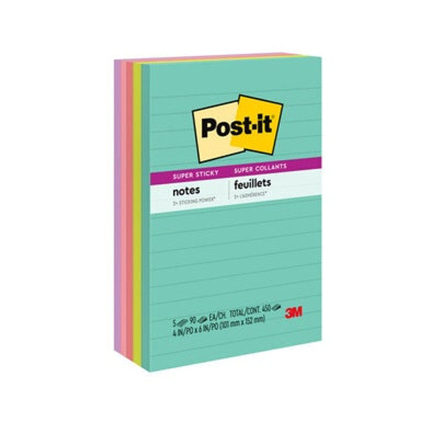 Post-it Super Sticky Notes, Supernova Neons, Lined, 4 in x 6 in, 5pk, Bright Colors