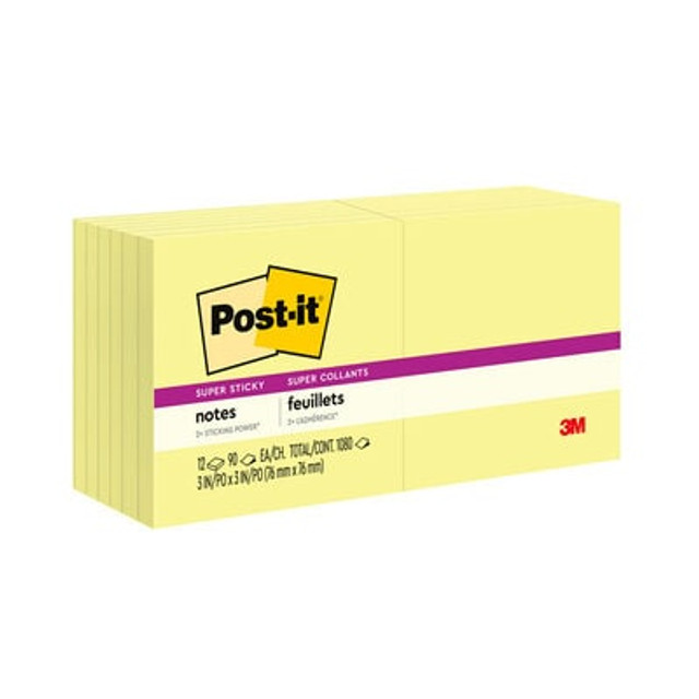 Post-it Super Sticky Notes, 3 in x 3 in, 12 Pads,  Canary Yellow, Recyclable 