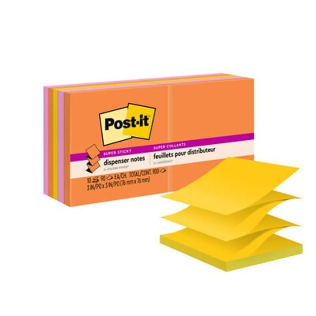 Post-it® Super Sticky Dispenser Pop-up Notes, 3in x 3in, Energy Boost, 10 Pads/Pack, 90 Sheets/Pad