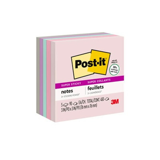 Post-it® Recycled Super Sticky Notes, 3 in x 3 in, Wanderlust Pastels Collection, 5 Pads/Pack