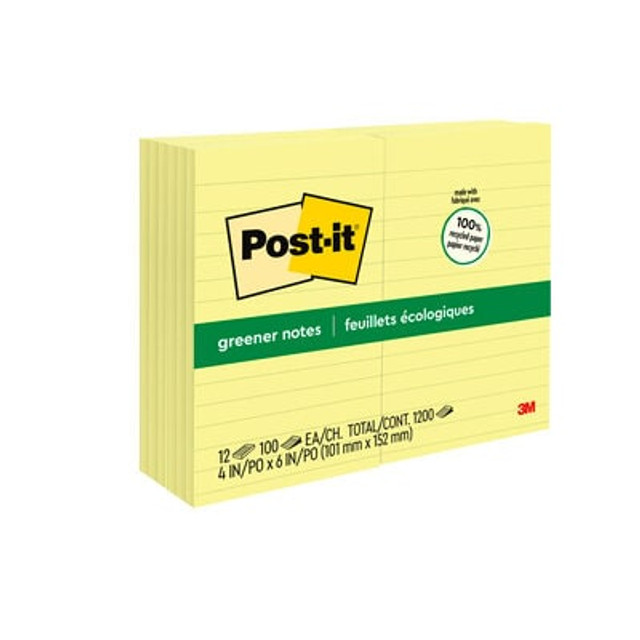 Post-it® Greener Notes 660-RP, 4 in x 6 in, Canary Yellow, Lined, 12 Pads/Pack