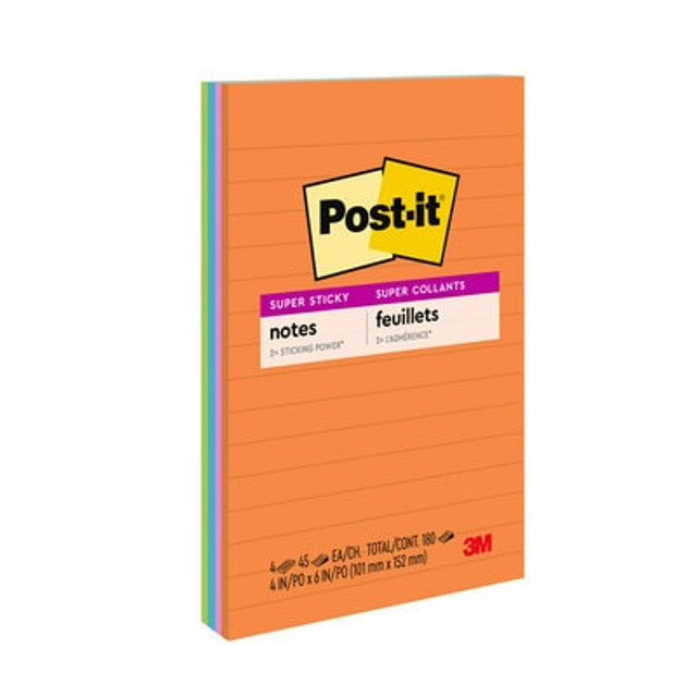 Post-it® Super Sticky Notes, 4 in x 6 in, Energy Boost Collection, Lined, 4 Pads/Pack