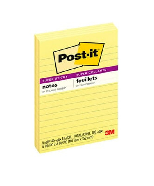 4621-SSCY, 4x6 Super Sticky Notes, Lined, Canary Yellow, 3 Pack,