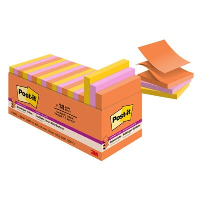 Post-it® Super Sticky Dispenser Pop-up Notes, 3 in x 3 in, Energy Boost, 18 Pads/Cabinet Pack