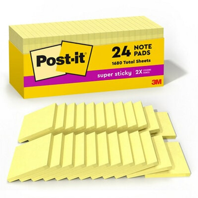 Post-it® Super Sticky Notes, 3 in. x 3 in., Canary Yellow, 24 Pads/Cabinet Pack