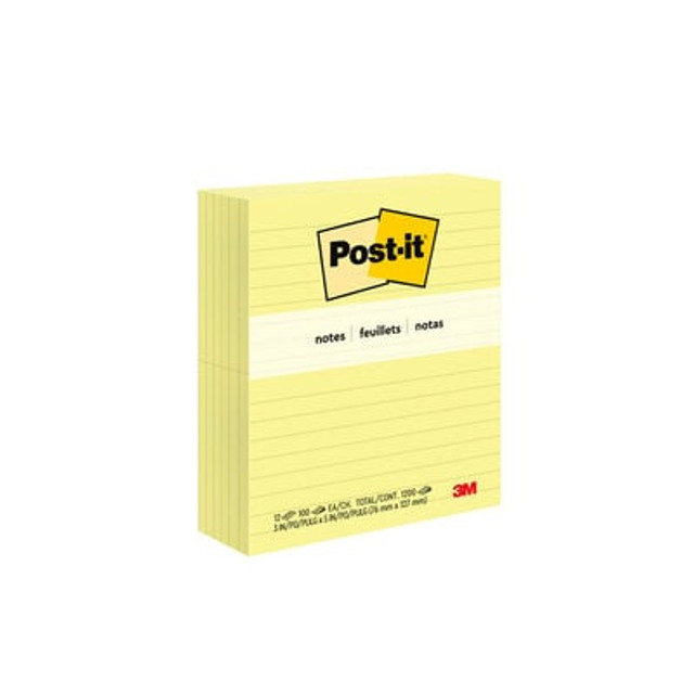 Post-it® Notes, Canary Yellow, 3 in x 5 in, Lined, 12 pads/pk, 100 sheets/pad