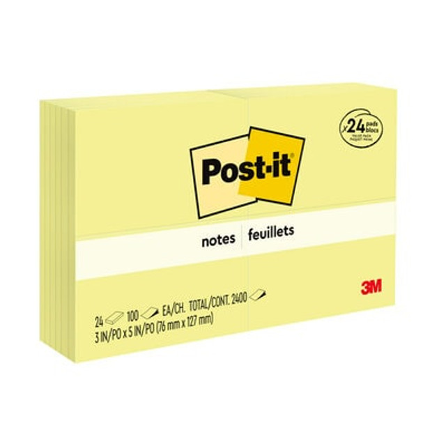 Post-it® Notes Value Pack, 3 in x 5 in, Canary Yellow, 24 Pads/Pack