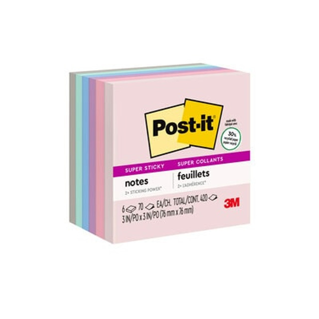 Post-it® Recycled Super Sticky Notes, 3 in x 3 in, Wanderlust Pastels Collection, 6 Pads/Pack