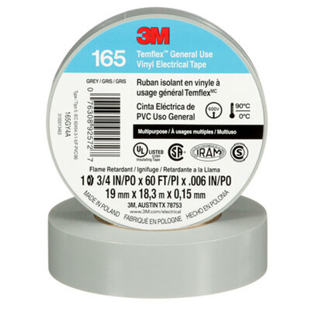 3M Temflex Vinyl Electrical Tape 165, Gray, 3/4 in x 60 ft (19 mm x 18m), 6 mil, 100 Rolls/Case