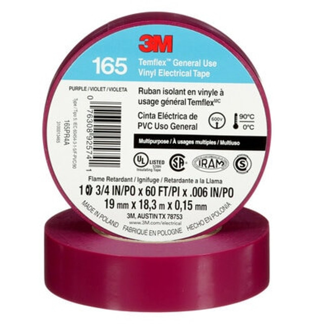 3M Temflex Vinyl Electrical Tape 165, Purple, 3/4 in x 60 ft (19 mm x18 m), 6 mil, 100 Rolls/Case