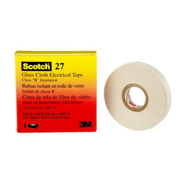 Scotch® 27 Glass Cloth Electrical Tape, white, 1/2 in x 66 ft, rubber thermosetting adhesive
