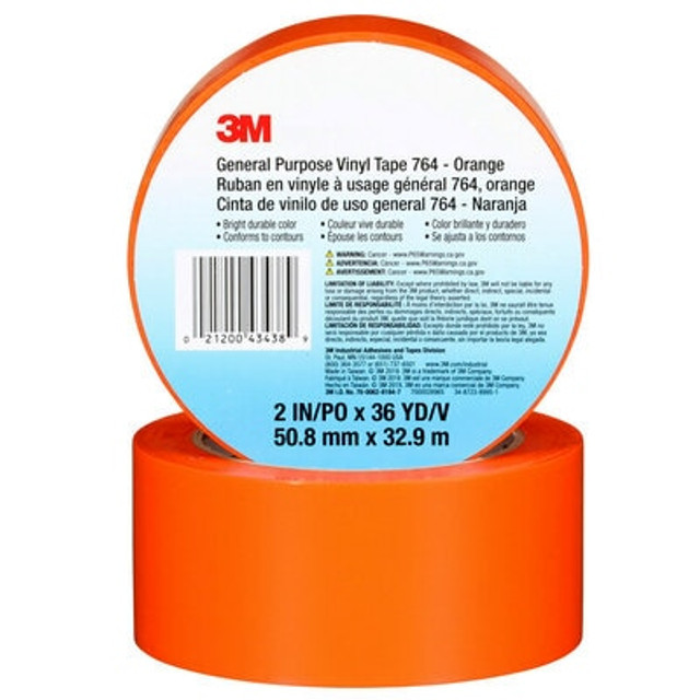 3M General Purpose Vinyl Tape 764, Orange, 2 in x 36 yd, 5 mil, 24 Roll/Case