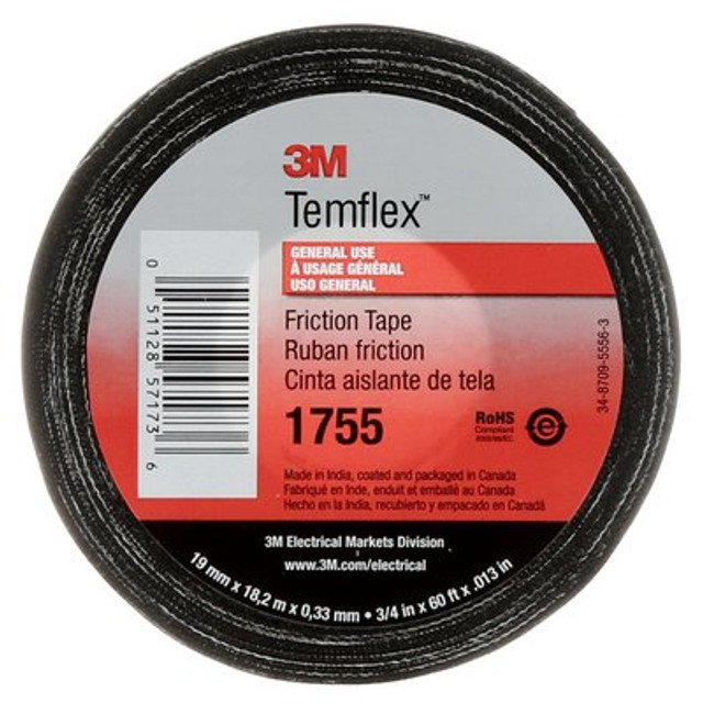 3M Temflex 1755 Cotton Friction Tape, black, 13mil, 3/4in x 60ft