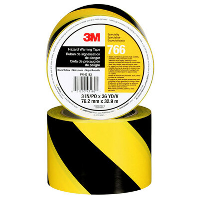 3M Safety Stripe Vinyl Tape 766, Black/Yellow, 3 in x 36 yd, 5 mil, 12 Roll/Case