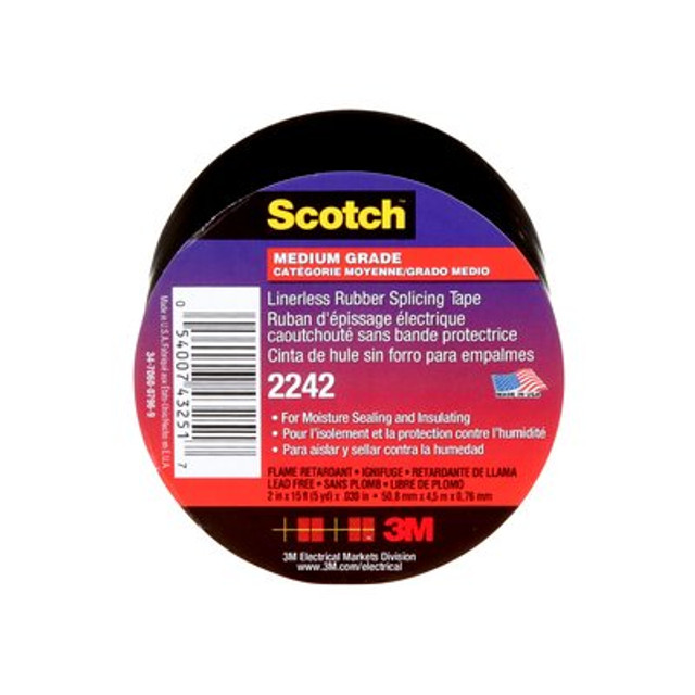 Scotch Linerless Rubber Splicing Tape, 2242, 2 in x 15 ft (50.8 mm x 4.6 m)