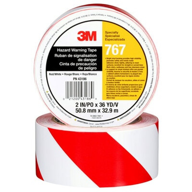 3M Safety Stripe Vinyl Tape 767, Red/White, 2 in x 36 yd, 5 mil, 24 Roll/Case