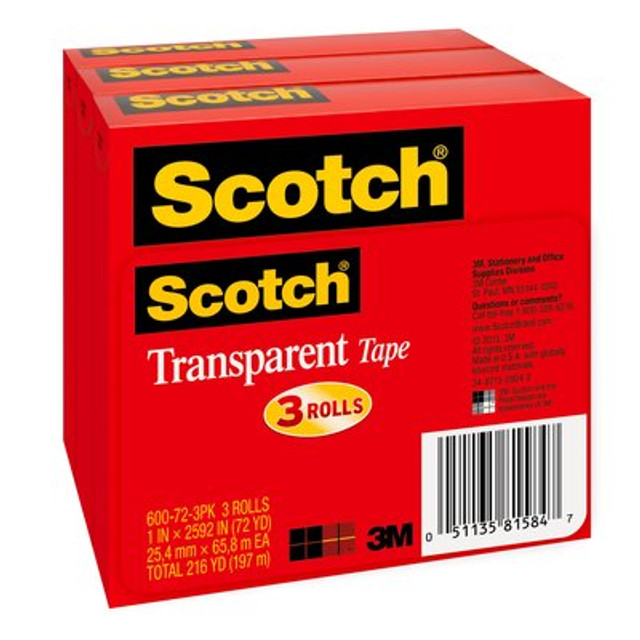Scotch® Transparent Tape, 600-72-3PK, 1 IN x 2592 IN 72 YD EA, Total 216 YD
